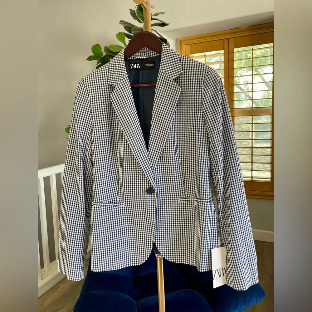 NWT Zara Blazer One Button Gingham Women’s Size 10 - Picture 4 of 11